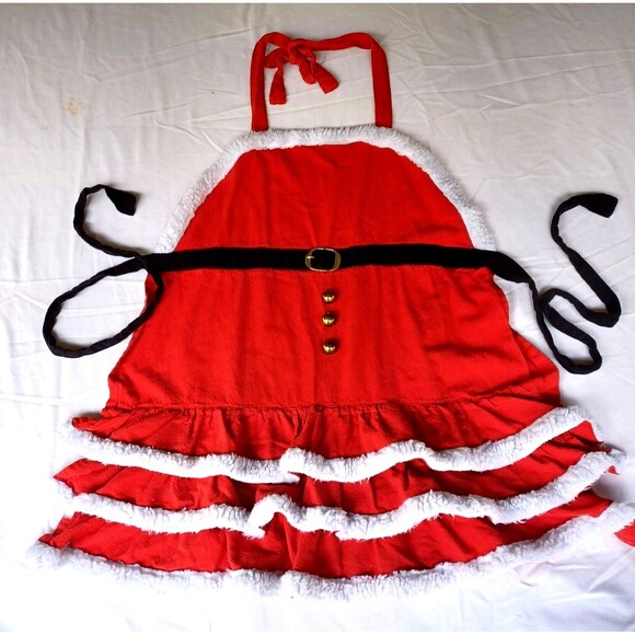 Pier 1 Christmas Red Apron Santa Claus Cookie Baking Gold Tone Accents - Picture 16 of 16